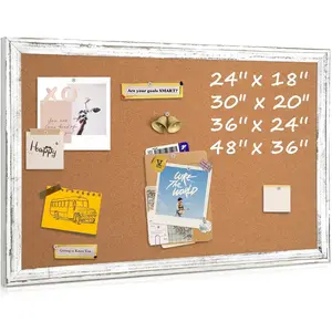 Cork Board Bulletin Board, 36" x 24" Corkboard for Wall, Rustic White Wooden Frame, Hanging Pin Board for Home & Office Decor, 10 Push Pins