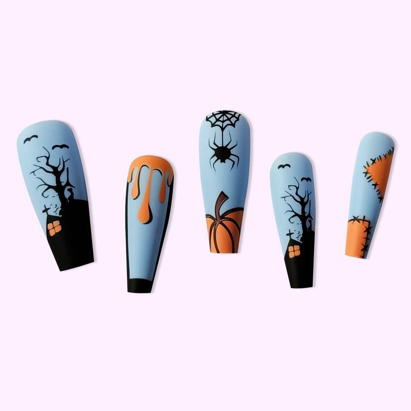 24PCS Haunted House Press-On Nails - Matte Sky Blue Coffin Design