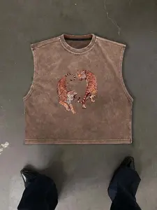 Men's Vintage Washed Tiger Graphic Aesthetic Cropped Tank Top, Sleeveless Casual Streetwear, Workout Athletic Muscle Shirt, Sporty Fitted Design