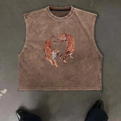 Men's Vintage Washed Animal Tiger Graphic Aesthetic Cropped Urban Street Tank Top, Sleeveless Casual Streetwear, Workout Athletic Muscle Shirt, Sporty Fitted Design, Menswear, Vest Tops, Workout Tanks
