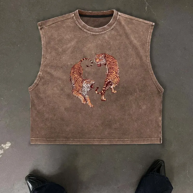 Men's Vintage Washed Animal Tiger Graphic Aesthetic Cropped Urban Street Tank Top, Sleeveless Casual Streetwear, Workout Athletic Muscle Shirt, Sporty Fitted Design, Menswear, Vest Tops, Workout Tanks