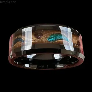 Handcrafted Tungsten Ring, Blue Opal & Garnet Inlay, Meteorite Pattern Wedding Band for Him Perfect Gift for Husband, Boyfriend, Groom