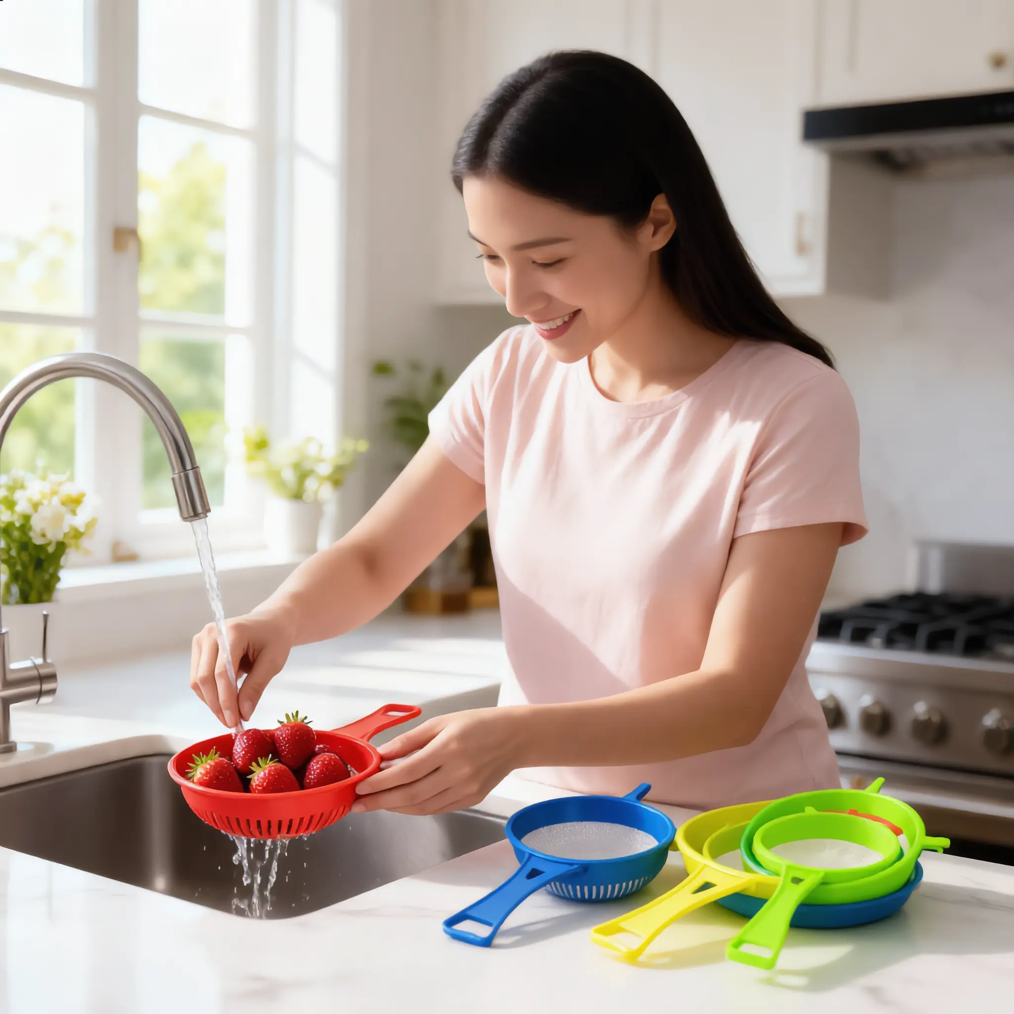 4PCS Plastic Kitchen Strainer Set - Fine Mesh Sieve Colander Flour Sifter, Multifunctional Rice Strainer Utensils, Household Kitchen Supplies for Rice, Pasta