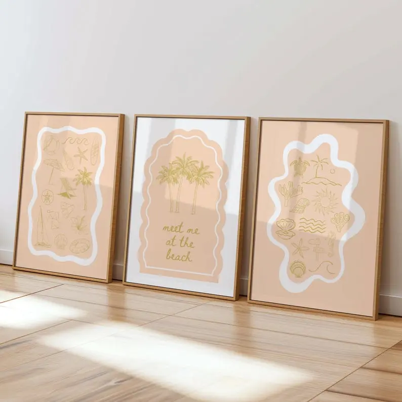Coastal Print Set Of 3 Trendy Beachy Wall Art Meet Me at the Beach Peach Palms Preppy Bikini Abstract Poster Seashell Printable Girl Nursery