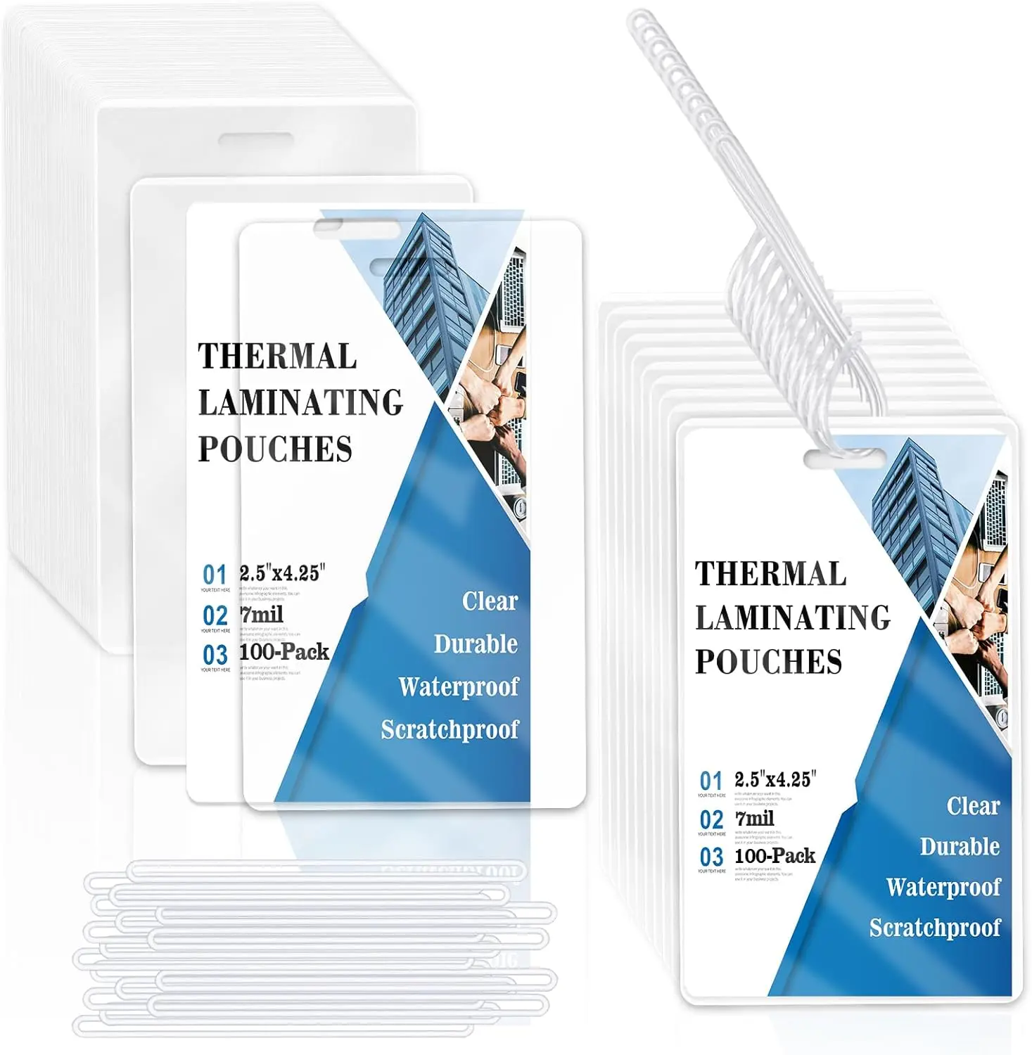 Durable Thermal Laminating Pouches (100-Count, 7 Mil, 2.5"x4.25" Transparent Luggage Tag Pouches with Slotted Hole) - Open Resealable Kit, 257°F-266°F Compatible, Scratchproof, Effective Protection for Companies' Pass Cards, Protects Cards, Office Use