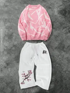 Men's Casual Two-Piece Set, Soft Comfortable Round Neck Sweater and Drawstring Straight Leg Pants, Floral Pattern, Spring Fall Winter