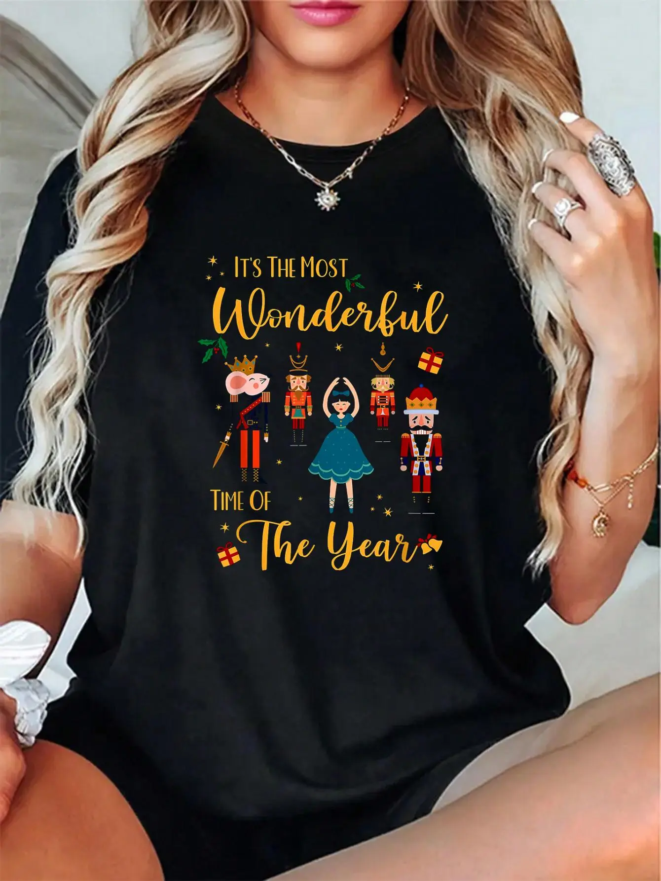 Women's Christmas Cute T-Shirt - Nutcracker Ballet 'Most Wonderful Time' Graphic, Casual Short Sleeve 100% Cotton Tops, Everyday Fit, Love-Inspired Design, Breathable, Soft, Print, Round Neck, Style, Tee, Vibe, Fabric, Lady, Tshirt, Digital Print, All Sea