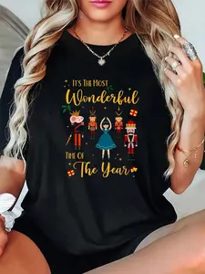 100% Cotton Unisex It's The Most Wonderful Time Of The Year Nutcracker Ballet T-Shirt，Autumn Women's T-shirt Christmas Happy Letter Snowflake Fun Pattern