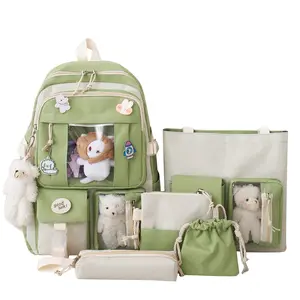 Kawaii Backpack 5Pcs Set Aesthetic Backpack 17in Preppy Backpacks with Badge&Pendant,Shoulder Bag,Pencil Box,Tote Bag,Lucky Bag(Green)