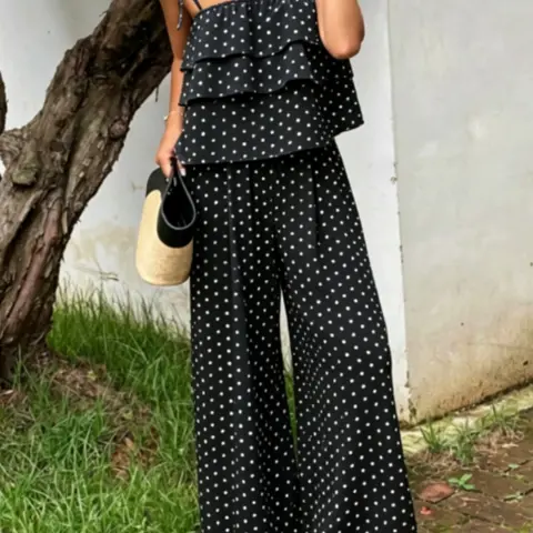 Women's Polka Dot Tank Top and Wide Leg Pants Resort Set, Womenswear, Summer Casual Fashionable Comfort Design, Ideal for Daily Wear and Vacations, Clothes