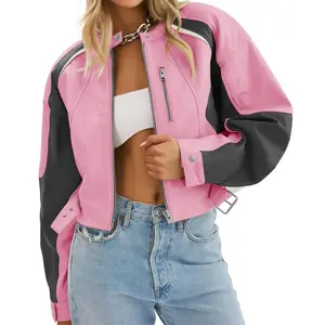 Women's Faux Leather Cropped Bomber Jackets Zip Up Color Block Fall Casual Moto Biker Coats