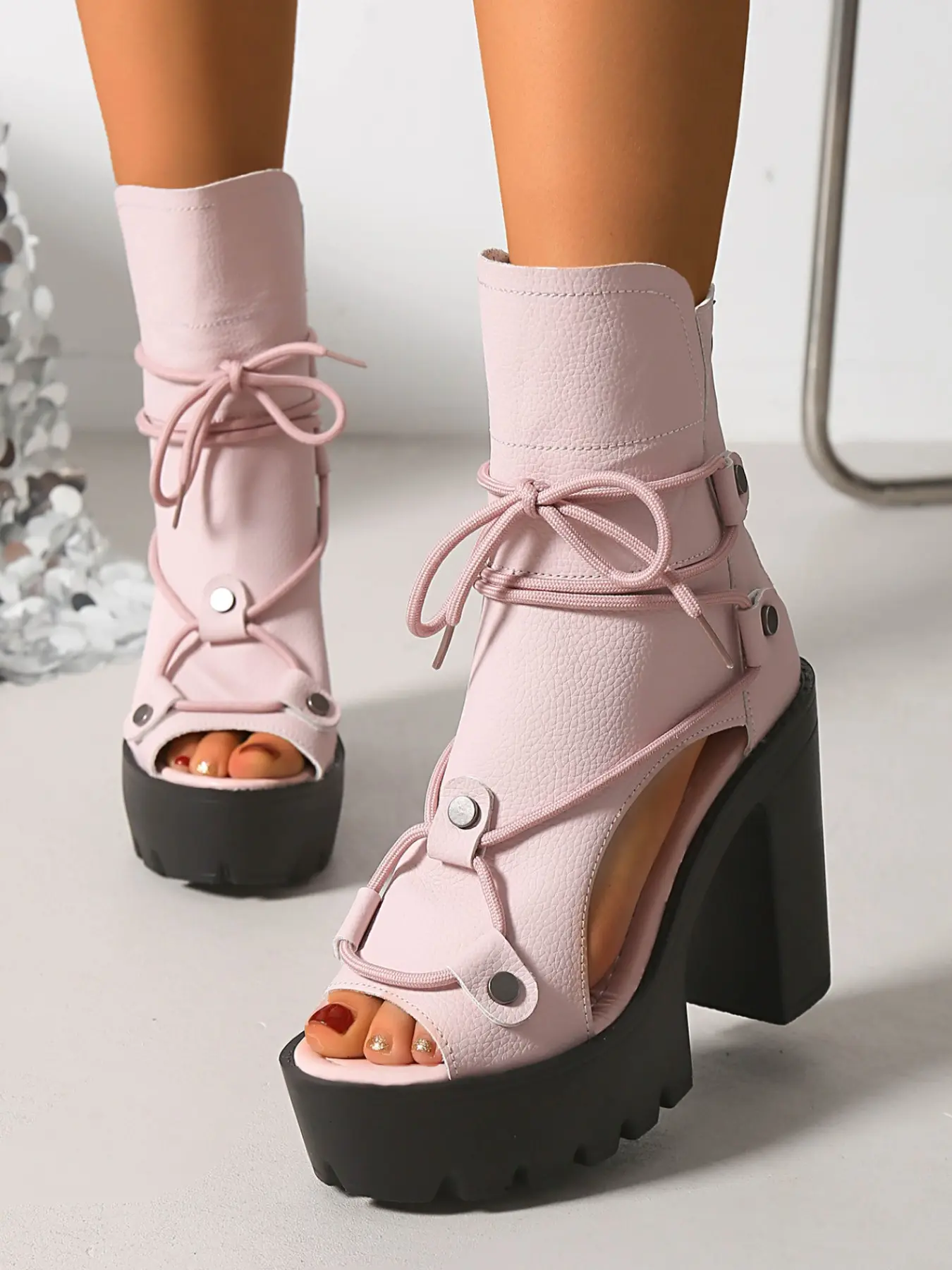 Women's Hollow Out Tie-Up Thick Heel Sandals, Summer Fish Mouth Waterproof Platform High Heels, Punk Style Outdoor Shoes, Platform Heeled Sandals, Platform Footwear, Fashionable Heeled Sandals