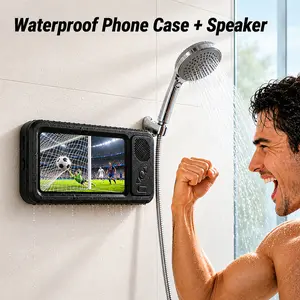 Wireless Waterproof Shower Phone Holder, IPX6 Grade Waterproof, 360 Degree Adjustable With Bluetooth Speaker & Touch Screen, Universal For Bathroom, Bathtub, Mirror & Kitchen, Fits 4-6.8 Inch Phones For Watching Videos & Playing Music