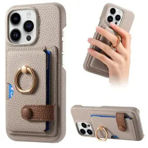 Leather Ring Support Phone Case for IPhone 16E 16 15 14 13 Pro Max Plus Wallet with Card Holder Shockproof Cover
