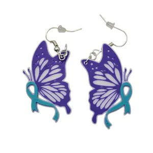 Purple & Teal Monarch Ribbon Awareness Earrings 3D Printed Hypoallergenic Nickel-Free Hooks for Suicide Prevention & Sexual Assault Support