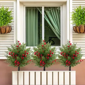 Two artificial spring red fruit pine needles for ground insertion - outdoor artificial flower bonsai and green plant arrangement for courtyard decoration, garden & courtyard decoration, indoor/outdoor atmosphere enhancement, Artificial Trees Outdoor