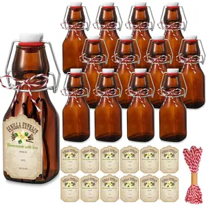 12 Pcs 4 oz Amber Swing Top brown Square Glass Bottles for Vanilla Extract with Caps and Cotton Twines Label Flip Top Glass Bottle for Home Vanilla Brew Oil Beer Tea Supply