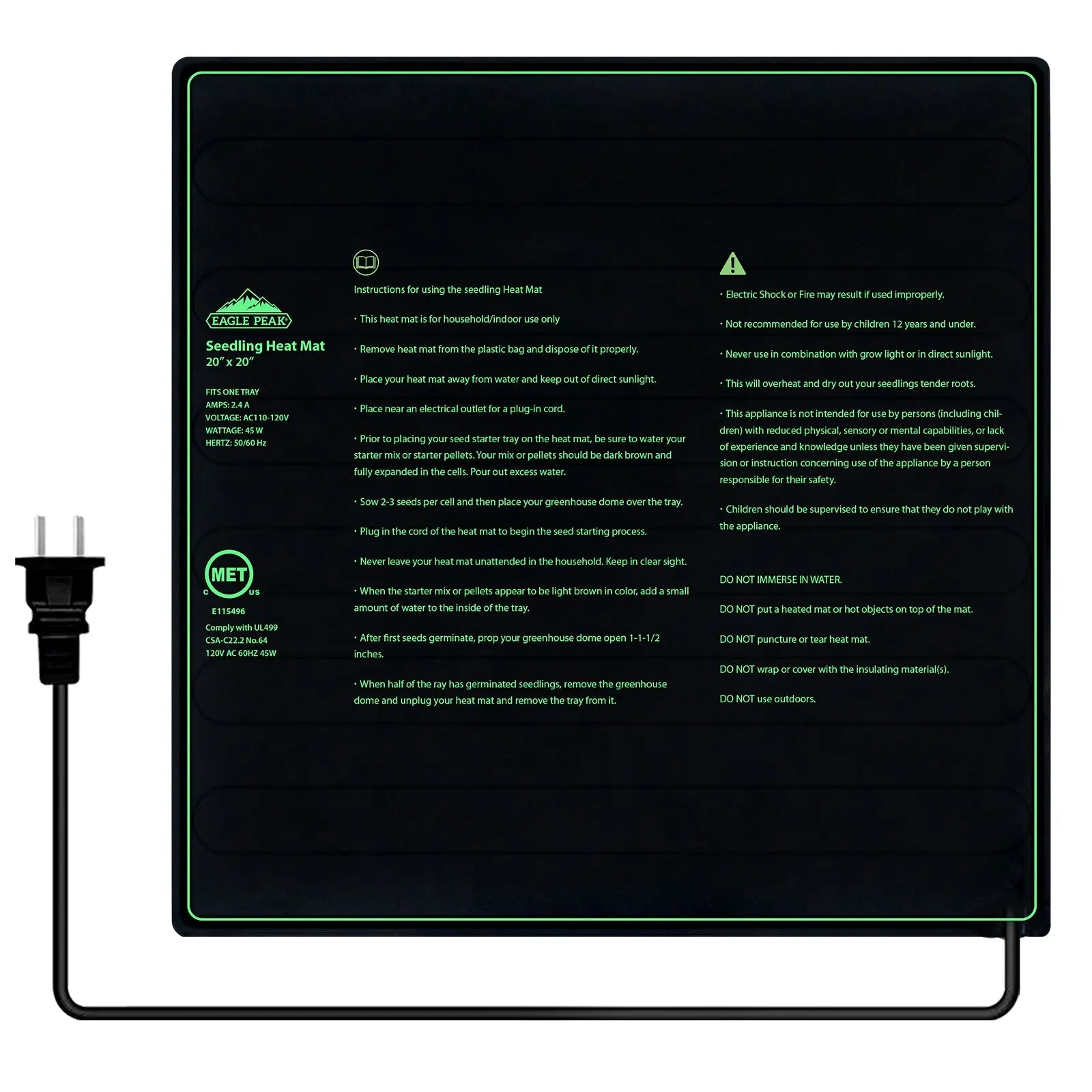 Seedling Heat Mat 20”x20”, UL & MET-Certified Heating Pad for Seed Starting, Contains (1) Warming Mat