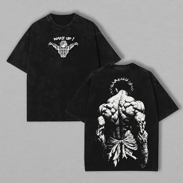 Black Men's Oversized Baki Anime Double-Printed Vintage Washed Heavyweight Cotton Round Neck T-Shirt - Menswear Apparel with Classic Fabric, Unisex Seamless Short-Sleeve Gym Tee for Otaku Top Tshirt