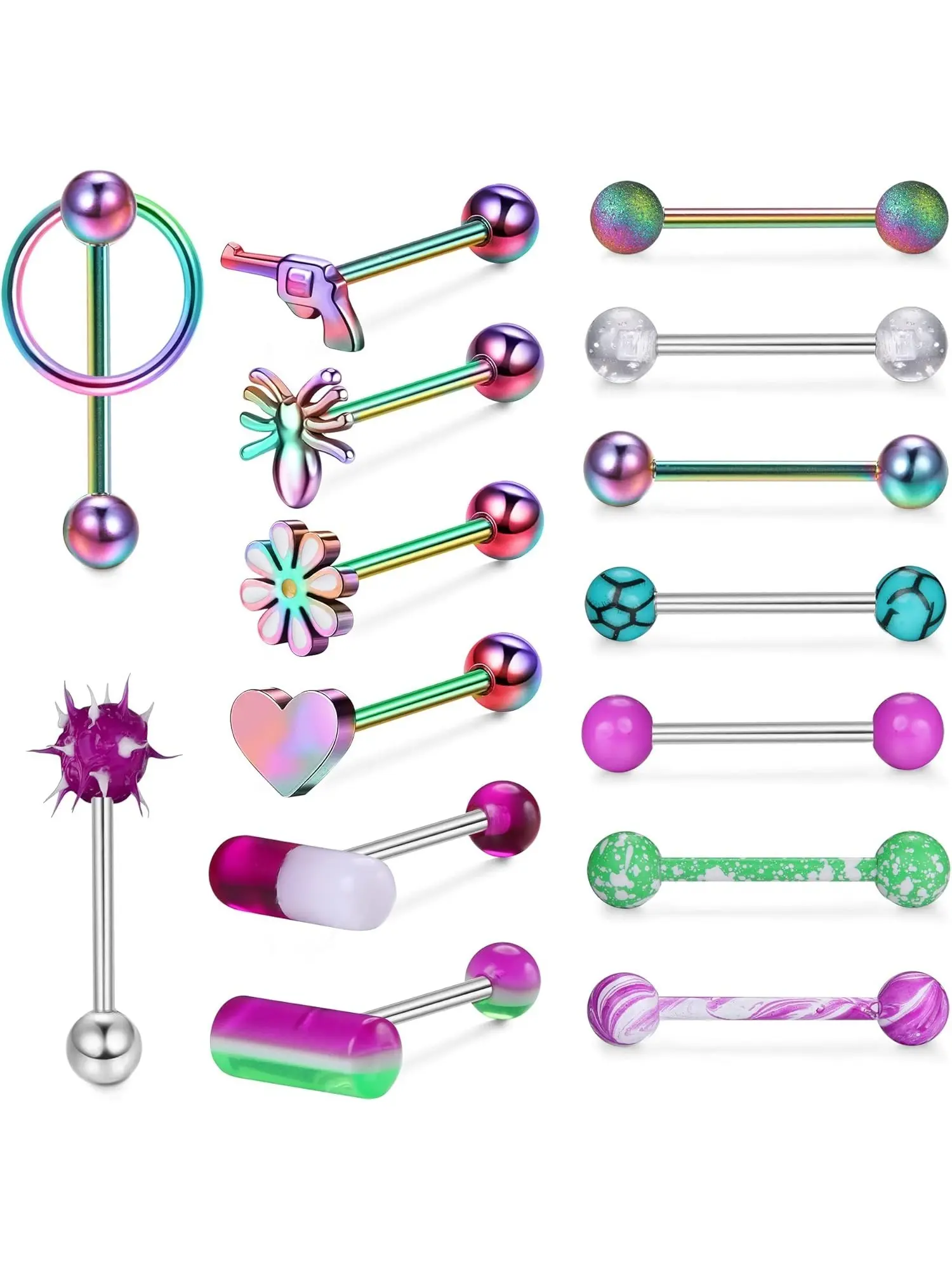 15 Pcs Colorful 316L Surgical Steel Acrylic Tongue Rings, Tongue Piercing Jewelry, for Women Men Safe Skin-friendly for Long-term Body Piercing Wear Classic Tongue Piercing Double Barbells with Slave Ring Design