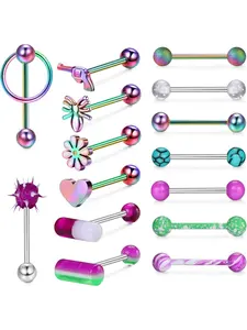 Unique 15 Pcs Colorful Assorted Tongue Rings for Women Men Unisex 316L Surgical Steel Acrylic Body Piercing Ornaments Classic Barbell Unique Slave Ring Structure Premium 316L Stainless Steel Safe Acrylic