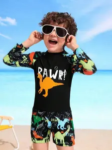 Boys' Long Sleeve Two-Piece Swimsuit Set, Dinosaur Pattern, High Stretch Quick-Dry UV Protection, Baby Beach Swimwear Vacation