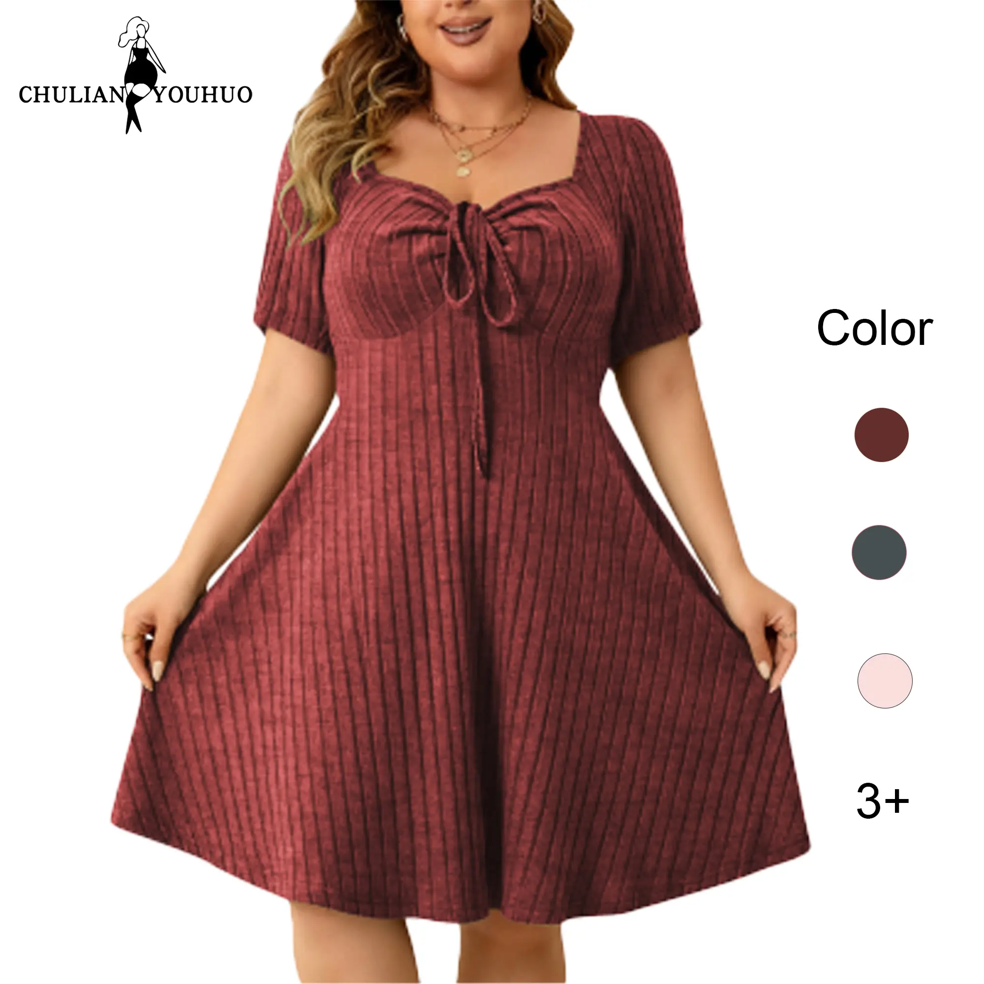 Chulianyouhuo 2026 New Arrival Plus Size Women's Dress Vertical Knit Texture Short Sleeves High-waisted A-line Mid Skirt Soft Comfortable Elegant Mid-length Dress Casual Summer Light Fabric Solid Drawstring A-Line Dress   exercise dress DealsForYouDays