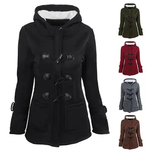 20245  Autumn and Winter New Hooded Horn Leather Button Coat Cotton Coat Thickened Lamb Wool Women's Clothing spring
