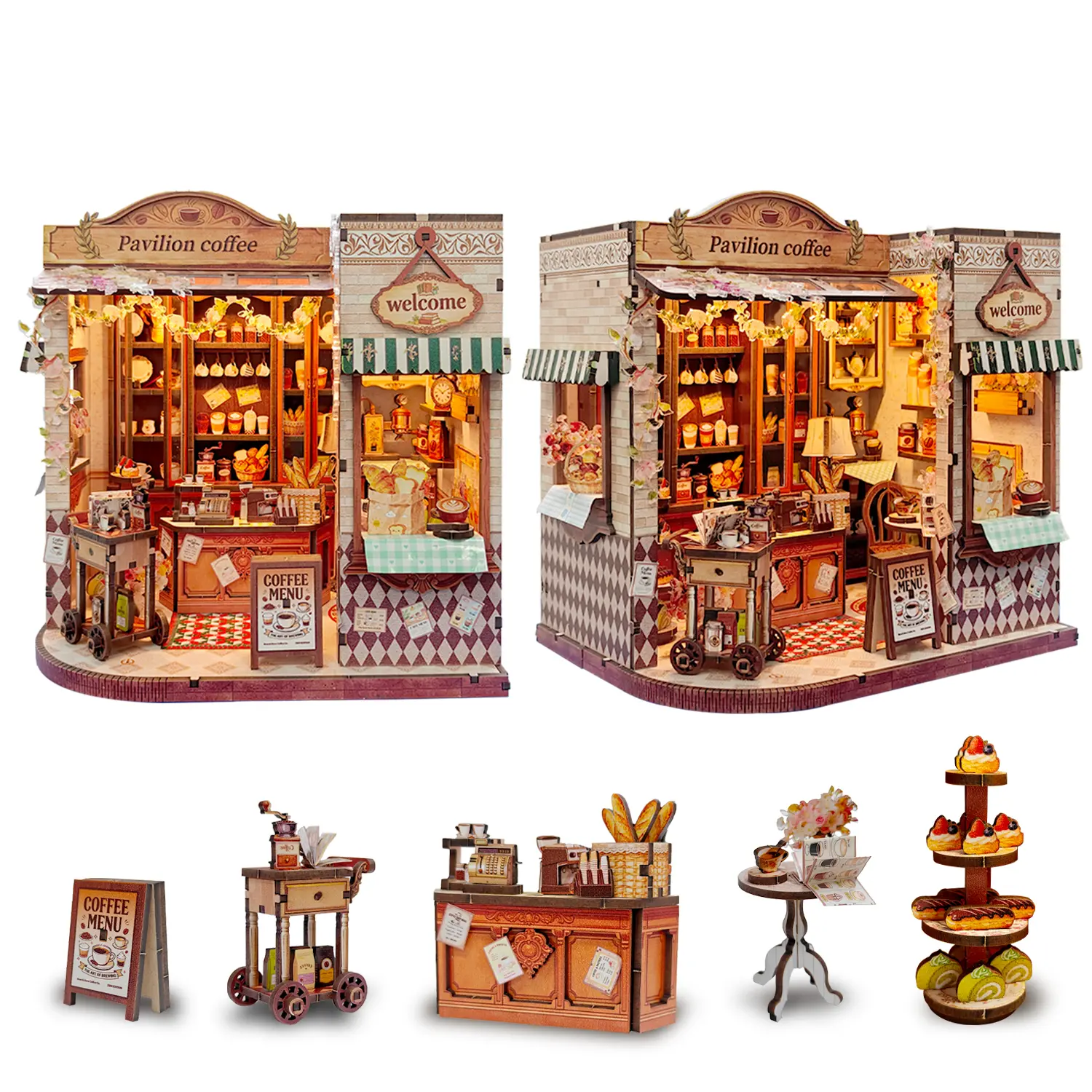 Unisex DIY Wooden Book Nook Kit with LED Warm Lighting, 276 Wooden Pieces Leisure Pavilion Coffee Shop 3D Puzzle, Miniature House Assembly Set for Adults (Valentine's Day/Mother's Day Creative Gift)