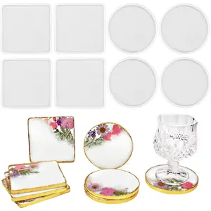 8PCS Resin Coaster Molds Set Thick 4 Inches,Coaster Molds for Resin Casting 4 Pack Round Coaster Silicone Molds + 4 Pack Square Coaster Resin Mold Tableware