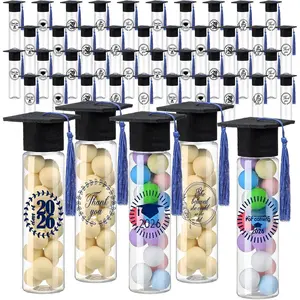 50 count Graduation Candy Tubes 2026 Graduation Party Favors Candy Boxes Plastic Grad Cap Jars Container with Tassels and Stickers for DIY Grad Table Party Favors (Black and Blue)