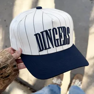 Dingers Navy Striped Vintage Trucker Hat – Flatbill Snapback Baseball Cap, Adjustable Streetwear Hat for Men & Women