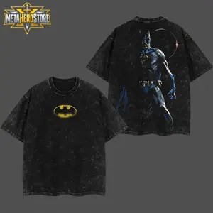 [MetaHero] The Dark Knight Gotham Guardian Hero Verse DC Comic Oversize Lightweight Acid Washed Cotton T-Shirt, Double Printed TV Series Graphic Design, Round Neck, Soft, Relaxed Fit Apparel for Men's Tops Streetwear
