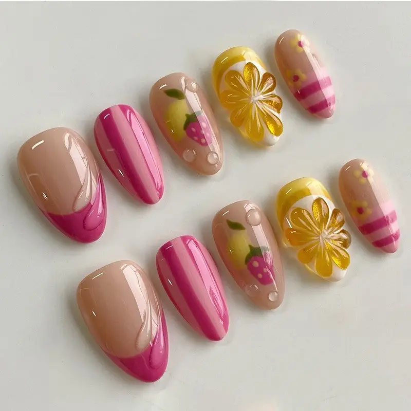 Strawberry Lemon Stripe French Removable Nail Art DIY Stickers, Nail Designs, Cartoon Pattern Almond Shape False Nails for Girls, Party Wear Press-On Nails, Almond Fake Nails, Nail Decoration