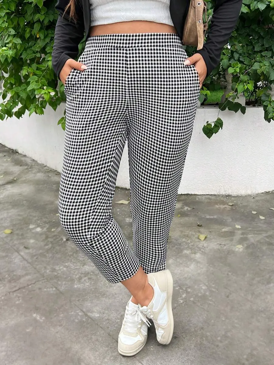 Plus Size Women's Black And White Grid Checkerboard Printed Knitted Casual Everyday Teacher Pants,Autumn Back-To-School Cropped Pants With Pockets