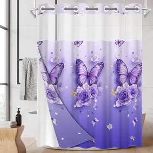 1pc hookless shower curtain with buckle lining, purple and pink floral pattern design, 2D flat printing, fabric waterproof lining, see-through double-layer, 71 x 74 inches, modern home curtain, Shower Curtain Liner, Bathroom Accessory
