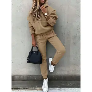 Women’s casual solid-color sweatpants set featuring a long-sleeve hoodie sweatshirt and drawstring jogger outfit; women’s clothing/womenswear; crochet collar; elastic knit polyester fabric; comfortable minimalist design; winter gift.
