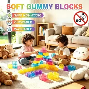 42pcs Colorful Transparent Soft Gel Building Blocks, Rainbow Jell-O Blocks, Ultra-Soft Q-Tip Puzzle Set, Ideal Gift for Kids Aged 3+