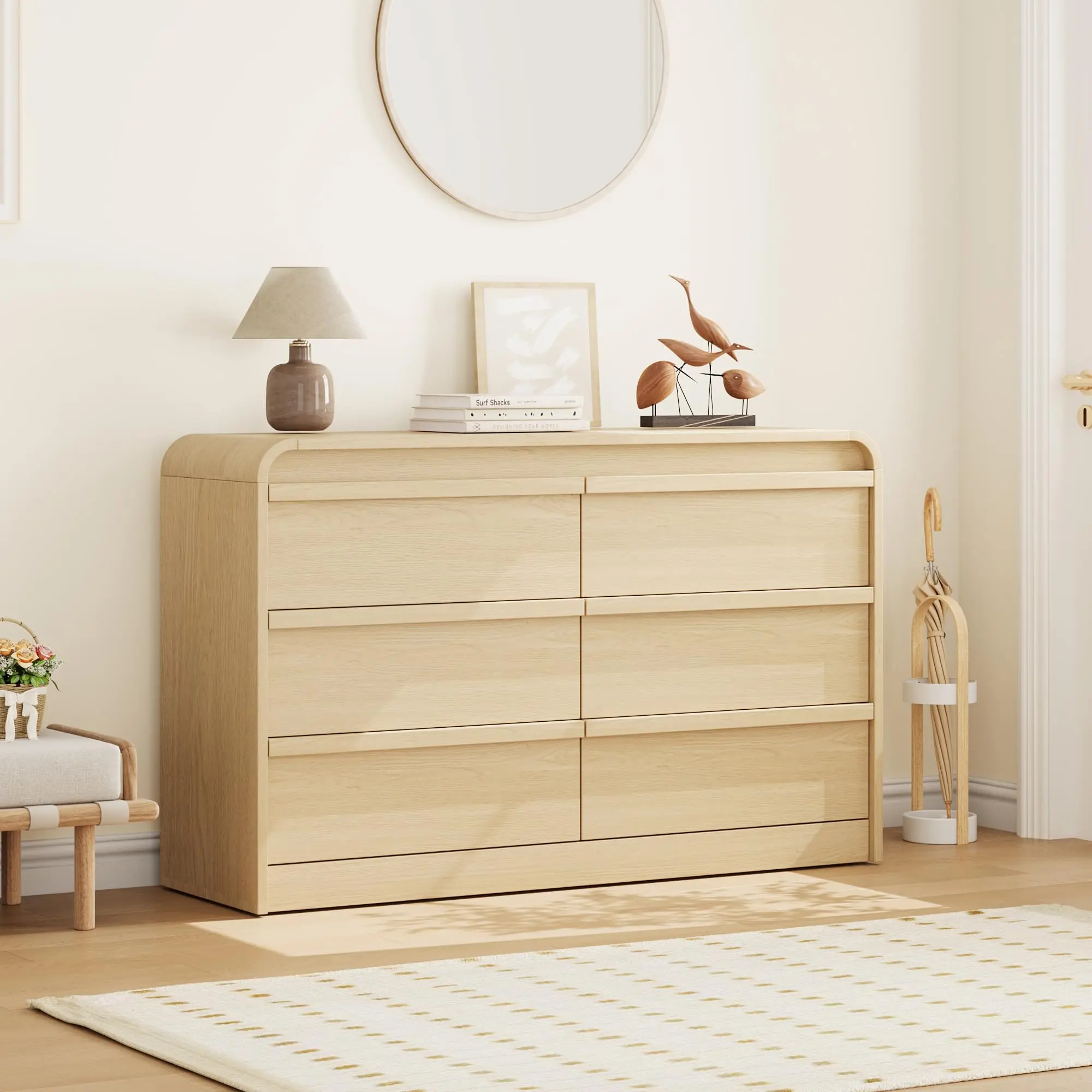 Garvee 47" Wide 6-Drawer Dresser for Bedroom - Mid-Century Modern Wooden Chest, Curved Profile, Hidden Handles, Large Storage for Closet/Entryway - Natural Oak
