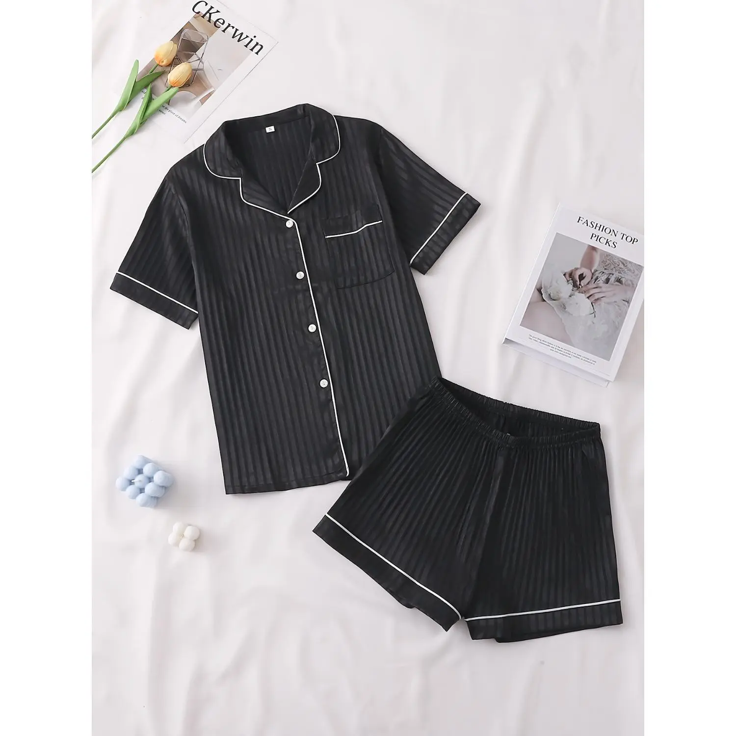 Women's Two-Piece Satin Pajama Set - Short Sleeve Button-Up Top & Shorts, Perfect for Lounging & Bridesmaid Sleepovers