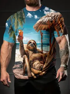 Vacation Sloth Fun Men's 3D Digital Print T-shirt, casual and versatile sportswear with a round neck and short sleeves, suitable for daily wear, a perfect holiday gift for men