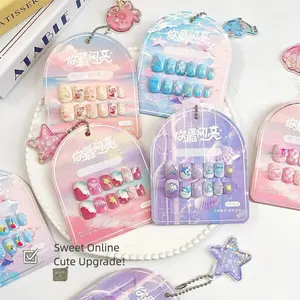 Vosplends  Kids Press on Nails for Girls Boys, 12 Pcs Non-Toxic Pre-shaped Fake Nails for Kids, Reusable Self-Adhesive Glue on Nail Tips for Nail Biting Prevention, Birthday Party Gift for 3-12 Years Old Children