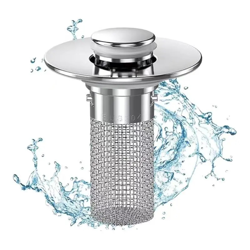2-Pack Durable Stainless Steel Bathroom Sink Pop-Up Stoppers, Universal Drain Filter with Hair Strainer for US Floor Drains