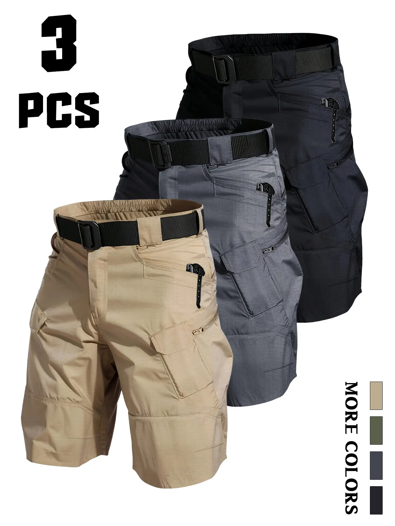 Men’s 3-Pack Loose Tactical Cargo Shorts with Belt, Multiple Zippered Side Pockets, Quick-Dry, Wear-Resistant Outdoor Functional Shorts