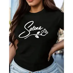 Selena Style Women's Printed T-Shirt Casual Round Neck Short Sleeve Top Machine Washable Perfect Choice for Spring and Summer