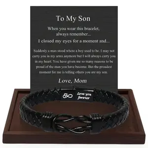 SereluneB 1PC Unique Gift for Father Son, Birthday Gifts for Son from Mom Leather Bracelet, Leather Braided Bracelet, Knotted Bracelet Jewelry for Son from Dad, Bracelet for Daily Wear Gift for Son Father