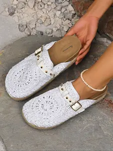 Women's Fall New Soft White Slip-On Half-Enclosed Hollow Out Rope Heel Sandals, Slip On Mules, Embroidered Pattern Design, Fashionable Home & Outdoor Wear