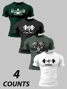 Men's 4 Pack Hardcore Fitness Print T-Shirts, Gorilla & Barbell Pattern, Slim Muscle Fit, Breathable Quick Dry Stretch Fabric