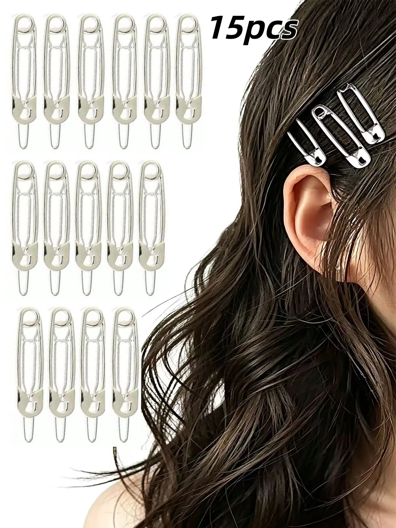 15 Pcs Hair Pins Hair Clips, Clips for Hair, Metal Hair Clips, Hair Barrettes, Alloy Safety Pin Shape, Goth Hair Pins Set, Hairdressing Tool, Hair Accessories, Silver Color
