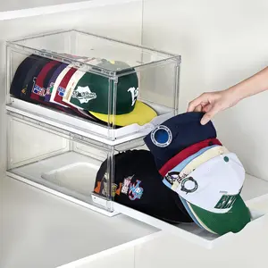 2-4 Pack Hat Organizer for Baseball Caps, Clear Plastic Stackable Hats Holder Box with Drawer, Large Cap Storage with Sliding Tray, Stackable Rack Display Case with Magnetic Door, Each Holds 12 Hats,Mother's Day Gifts ideas